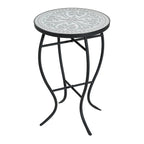 Outdoor Round Side Table with Mosaic-Style Top and Curved Iron Legs, Grey and Matte Black