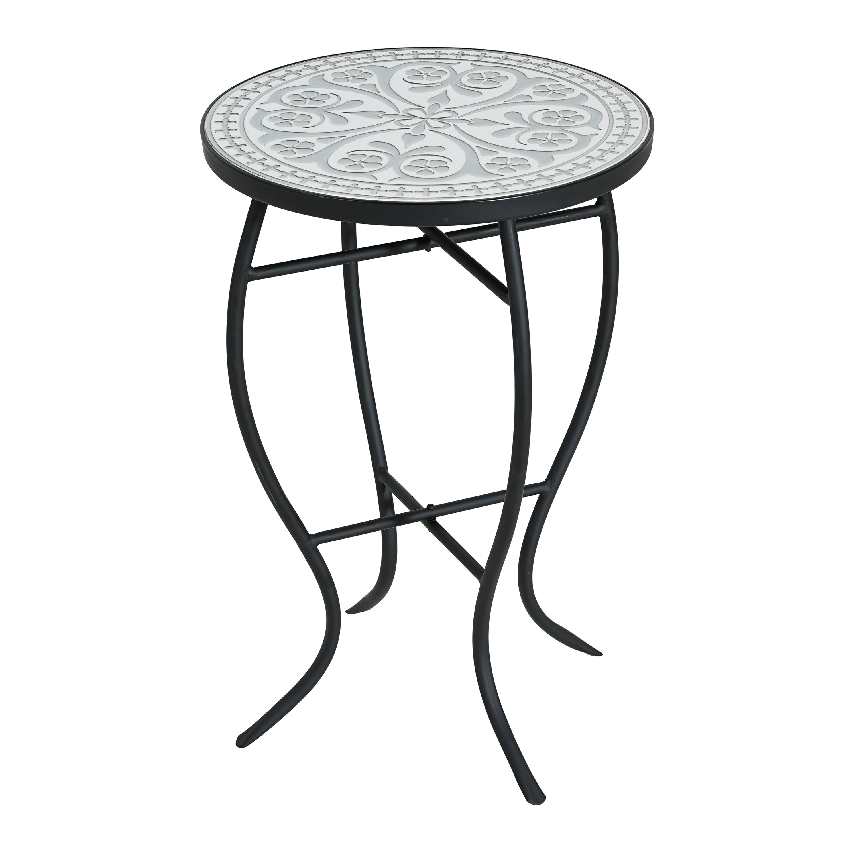 Outdoor Round Side Table with Mosaic-Style Top and Curved Iron Legs, Grey and Matte Black
