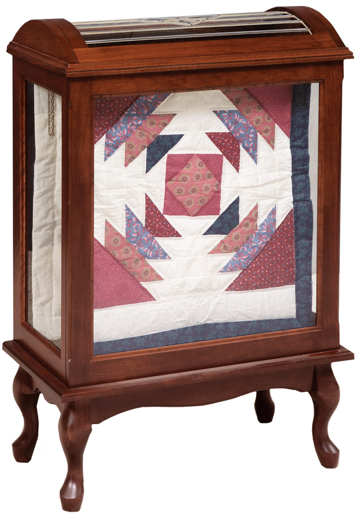 Solid Wood Quilt Display Case with Glass Sides and Queen Anne Feet