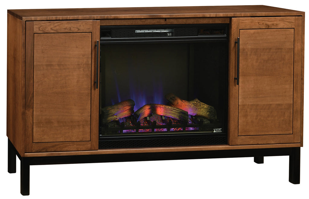 Amish Solid Wood Entertainment Center with 33-Inch Fireplace Insert and Sliding Doors