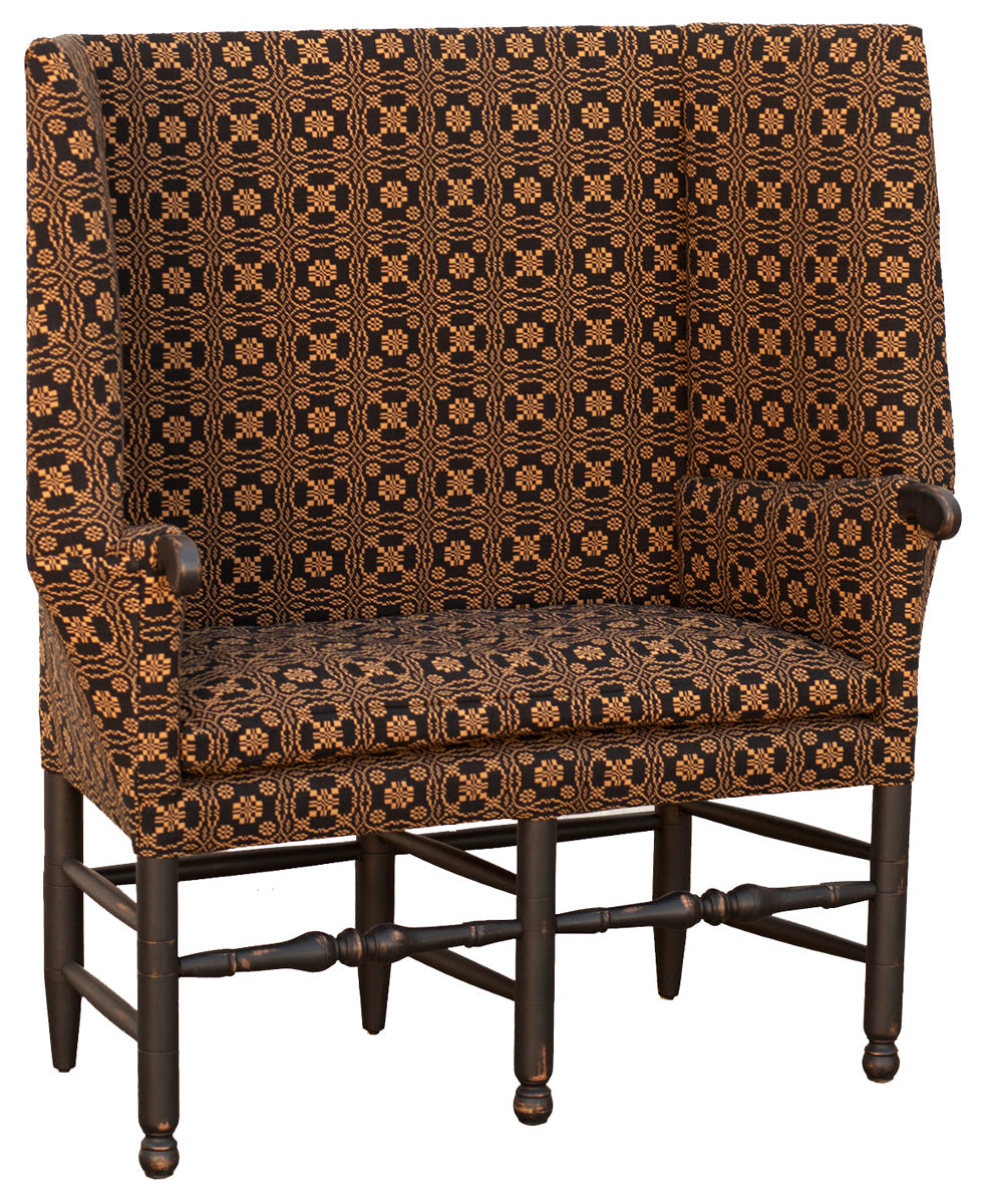 Upholstered High-Back Settle with Brown Maple Wood Frame