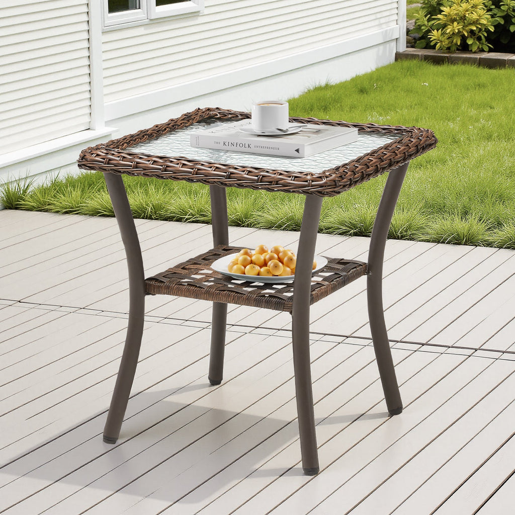 Handwoven Rattan Outdoor Side Table with Tempered Glass Top