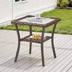 Handwoven Rattan Outdoor Side Table with Tempered Glass Top