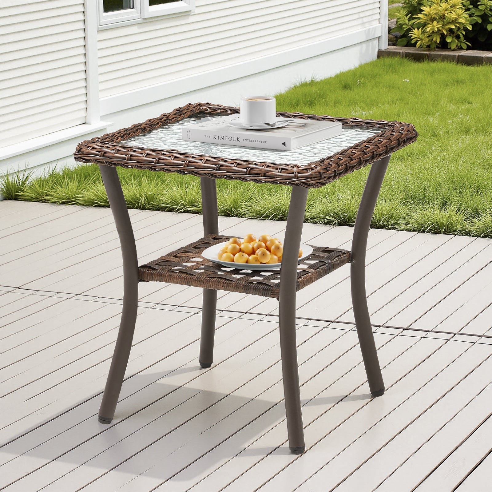 Handwoven Rattan Outdoor Side Table with Tempered Glass Top