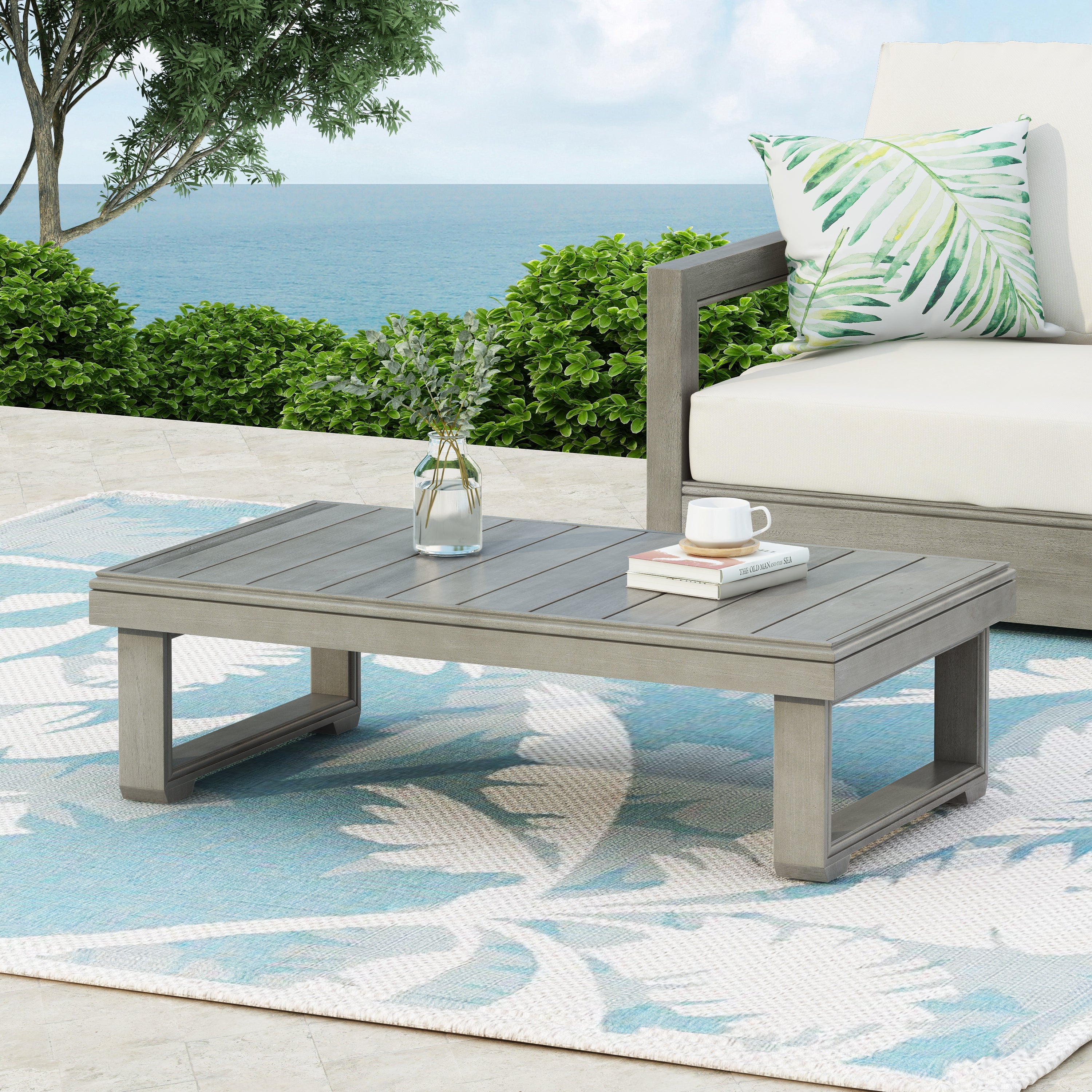 Acacia Wood Outdoor Coffee Table with Slat Top and Sled Legs