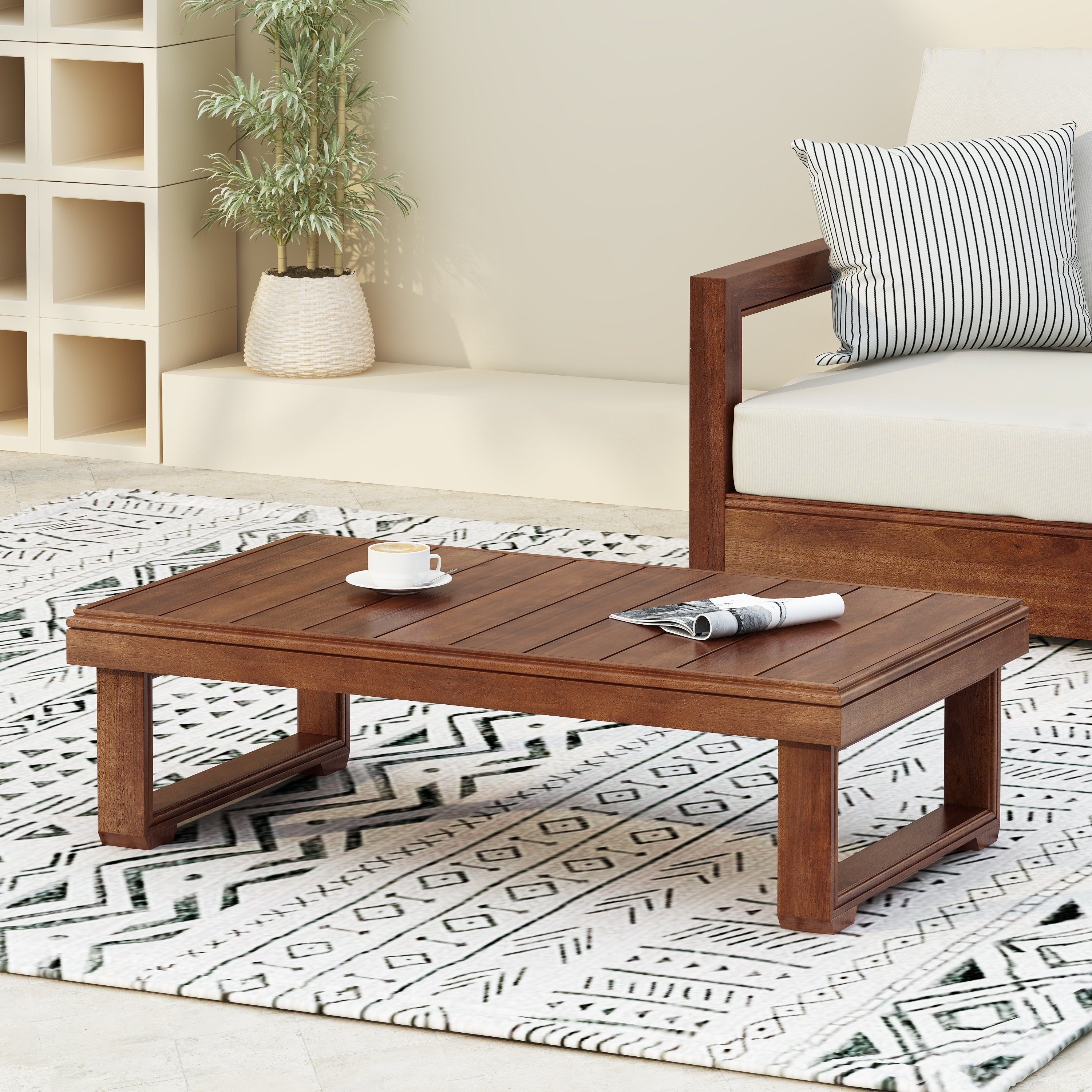 Acacia Wood Outdoor Coffee Table with Slat Top and Sled Legs