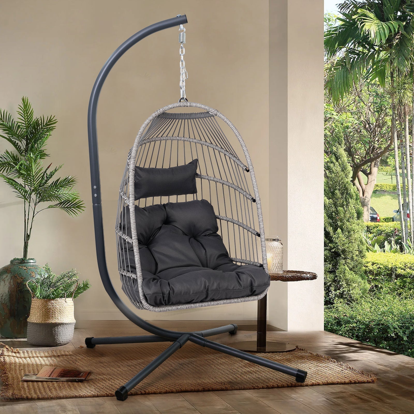 Outdoor Egg Hanging Chair with Stand and Plush Cushion
