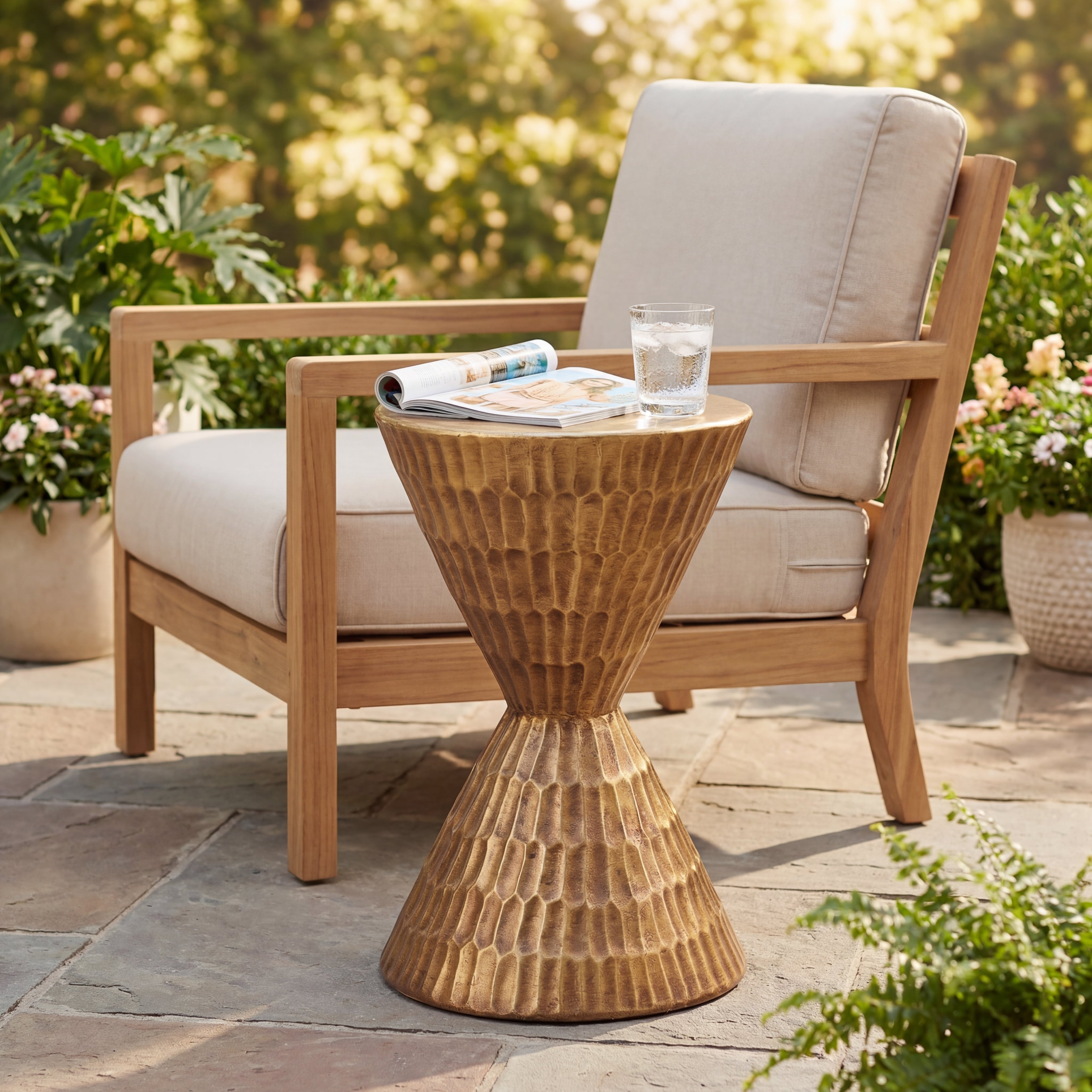 Handmade MGO Indoor/Outdoor Side Table with Gold Geometric Finish