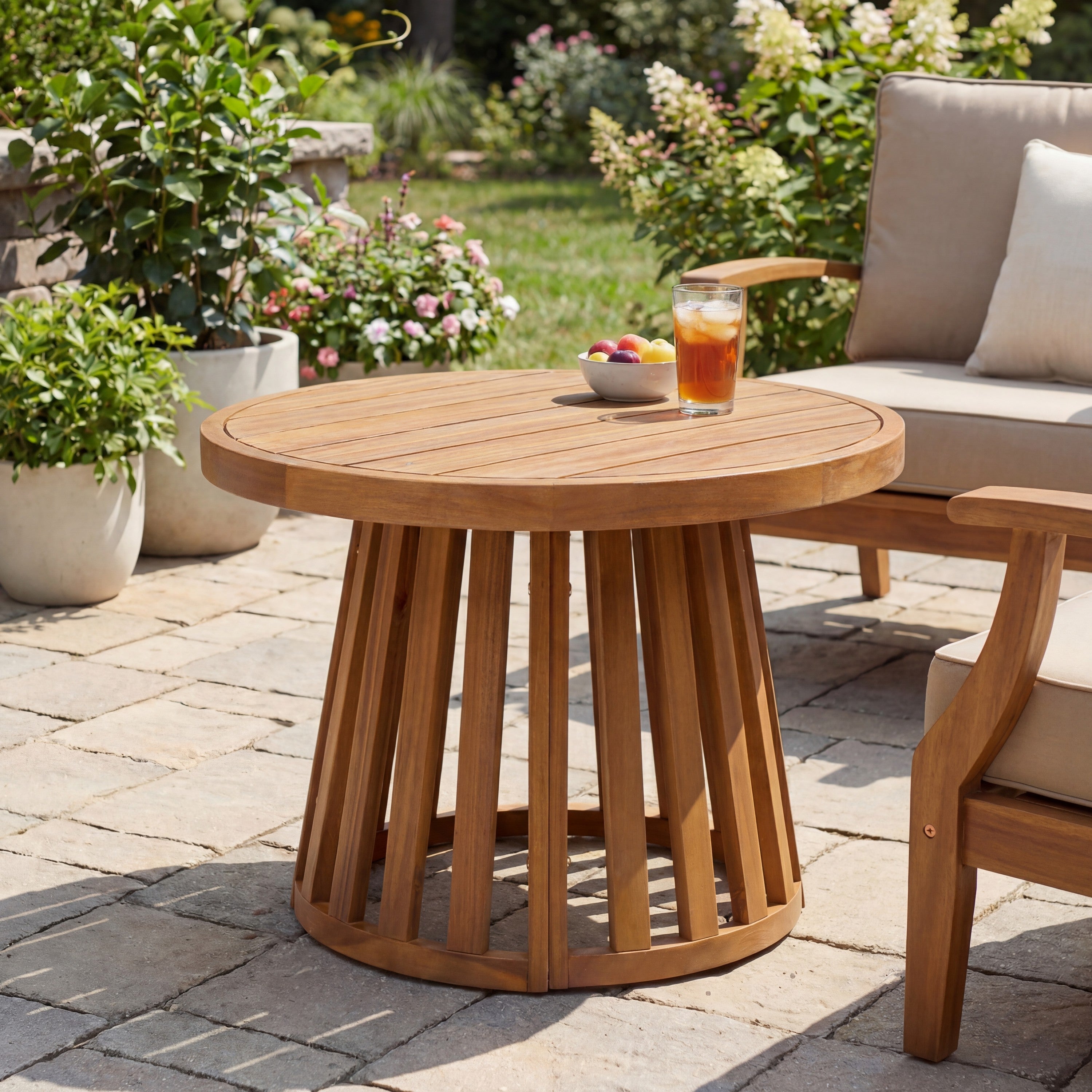 Modern Coastal Acacia Wood Outdoor Round Coffee Table with Pedestal Base, 27.5 Inch