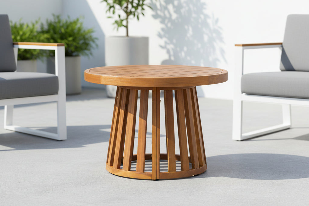 Modern Coastal Acacia Wood Outdoor Round Coffee Table with Pedestal Base, 27.5 Inch