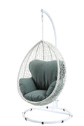 Outdoor Hanging Chair with Green Fabric Cushion and White Wicker Frame