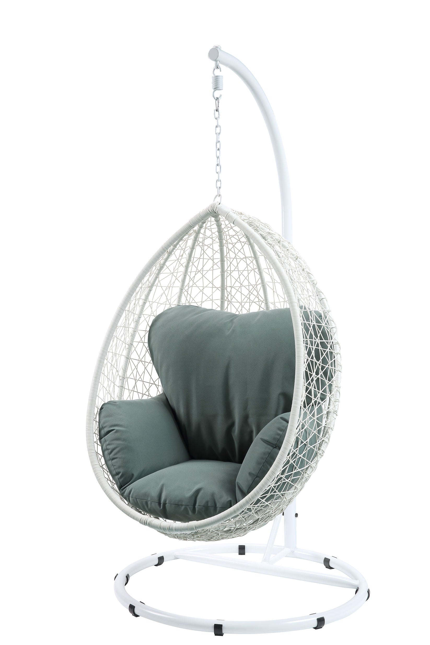 Outdoor Hanging Chair with Green Fabric Cushion and White Wicker Frame