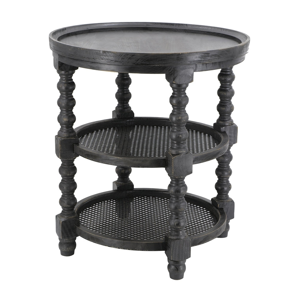 Round Three Tiered Side Table with Rattan Shelf