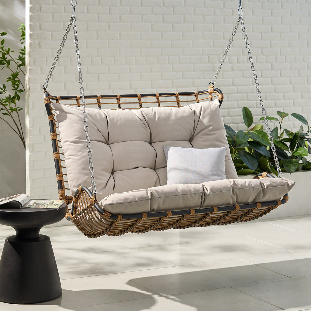 Outdoor Wicker Porch Swing with Cushions and Durable Frame