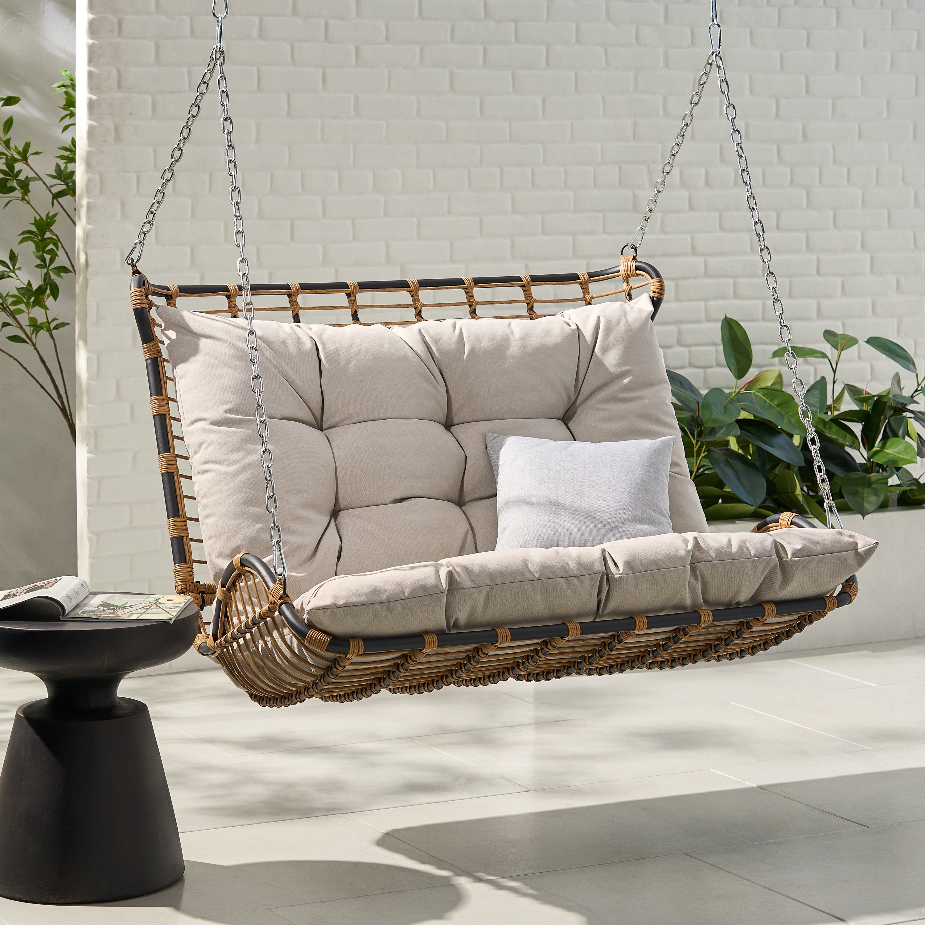 Outdoor Wicker Porch Swing with Cushions and Durable Frame