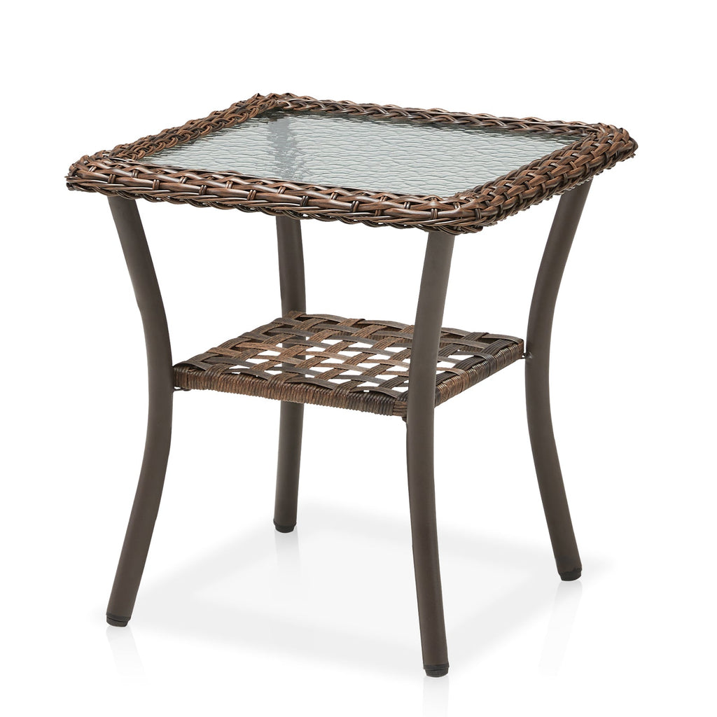 Handwoven Rattan Outdoor Side Table with Tempered Glass Top